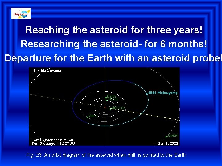 Reaching the asteroid for three years! Researching the asteroid- for 6 months! Departure for