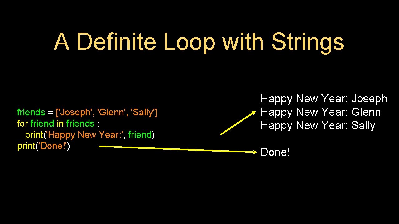 A Definite Loop with Strings friends = ['Joseph', 'Glenn', 'Sally'] for friend in friends