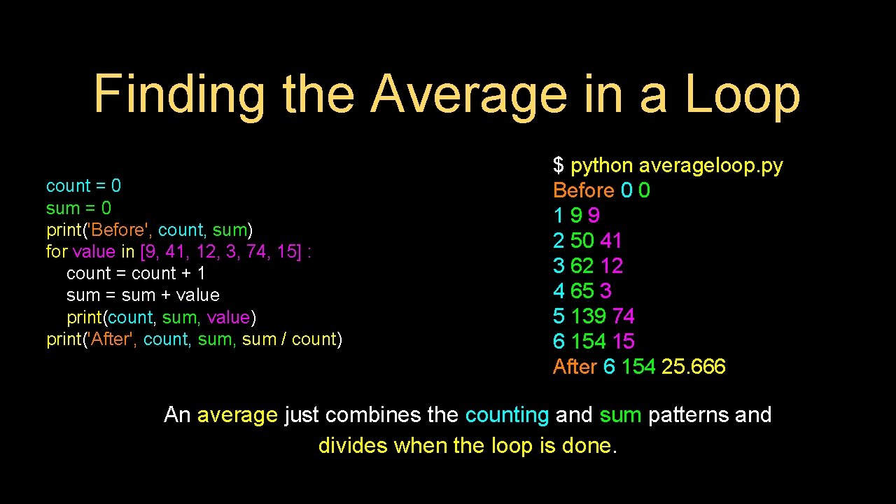 Finding the Average in a Loop count = 0 sum = 0 print('Before', count,