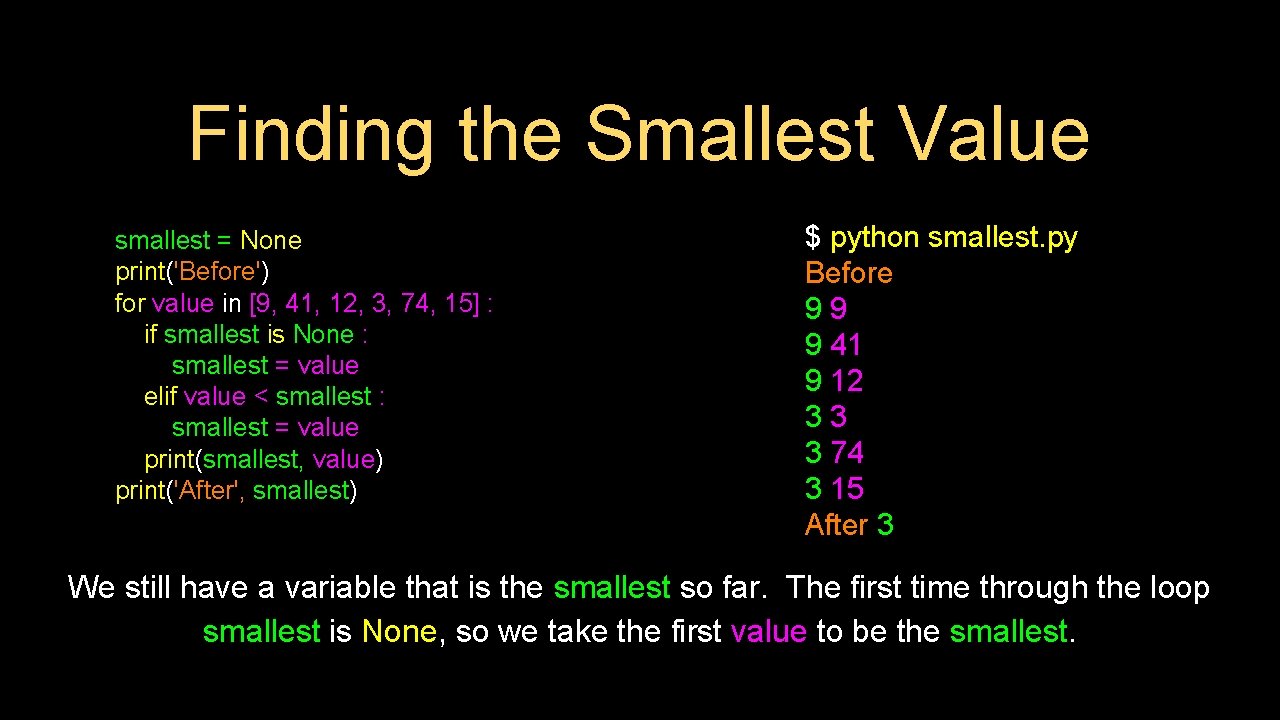 Finding the Smallest Value smallest = None print('Before') for value in [9, 41, 12,