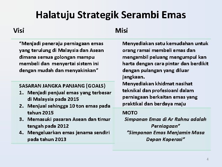 Halatuju Strategik Serambi Emas Visi “Menjadi peneraju perniagaan emas yang terulung di Malaysia dan