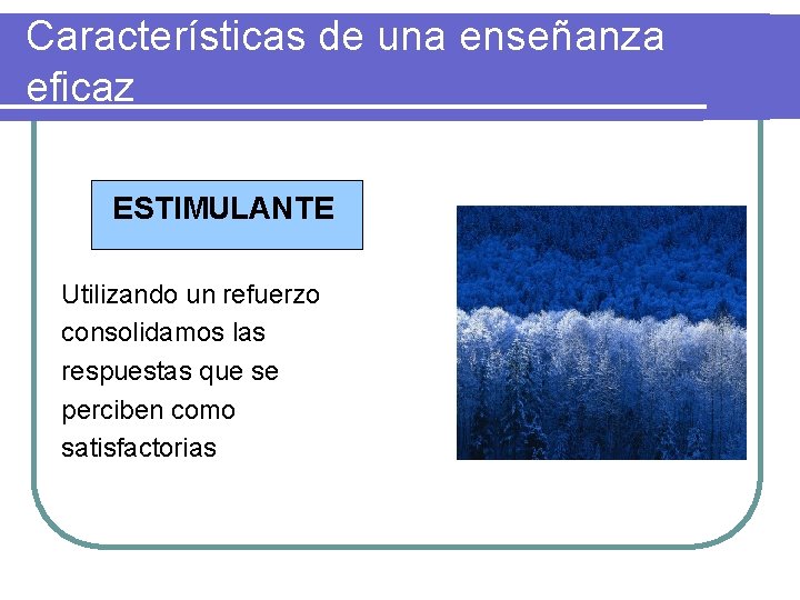 Características de una enseñanza eficaz ESTIMULANTE Utilizando un refuerzo consolidamos las respuestas que se