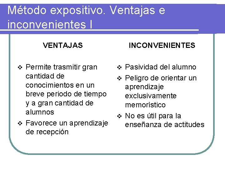 Método expositivo. Ventajas e inconvenientes I VENTAJAS Permite trasmitir gran cantidad de conocimientos en