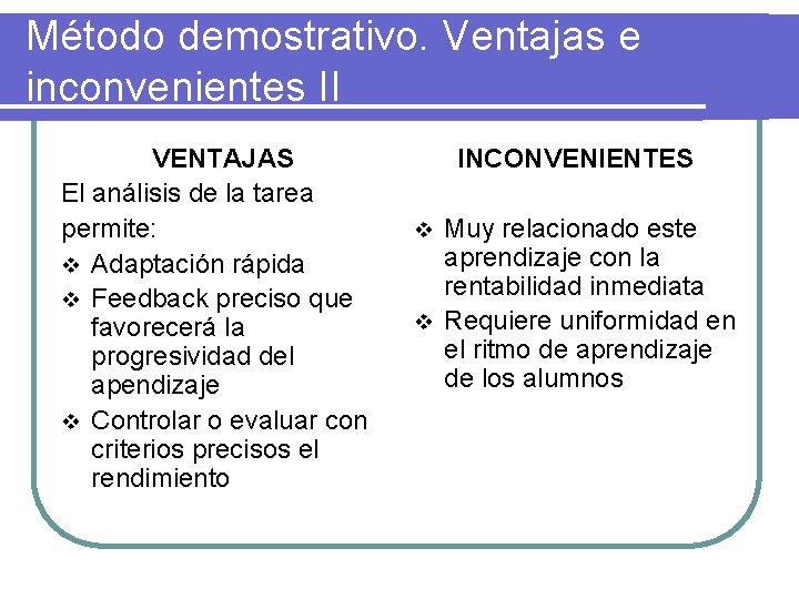 Método demostrativo. Ventajas e inconvenientes II VENTAJAS El análisis de la tarea permite: v