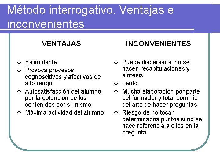 Método interrogativo. Ventajas e inconvenientes VENTAJAS Estimulante v Provoca procesos cognoscitivos y afectivos de