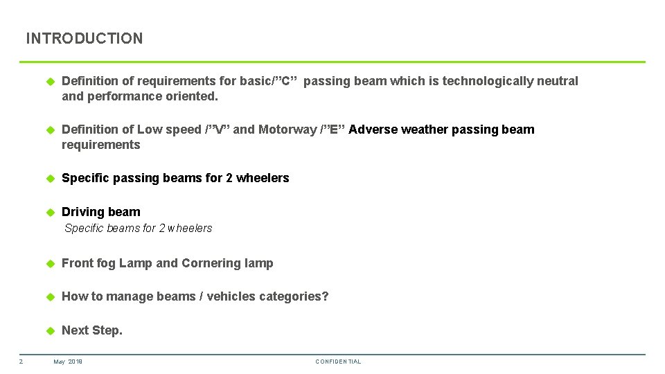 INTRODUCTION Definition of requirements for basic/”C” passing beam which is technologically neutral and performance