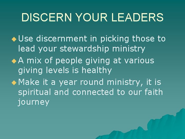 DISCERN YOUR LEADERS u Use discernment in picking those to lead your stewardship ministry