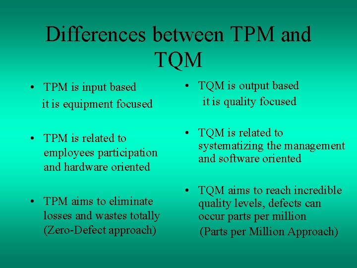 Differences between TPM and TQM • TPM is input based it is equipment focused