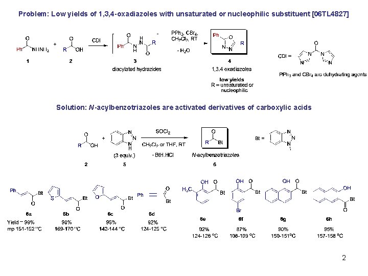 Problem: Low yields of 1, 3, 4 -oxadiazoles with unsaturated or nucleophilic substituent [06