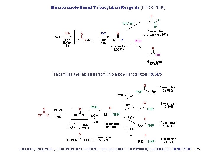 Benzotriazole-Based Thioacylation Reagents [05 JOC 7866] Thioamides and Thiolesters from Thiocarbonylbenzotriazole (RCSBt) Thioureas, Thioamides,