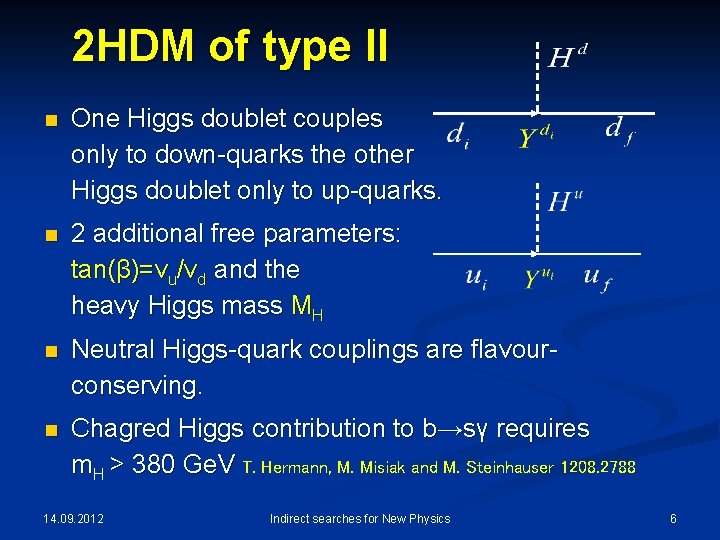 2 HDM of type II n One Higgs doublet couples only to down-quarks the