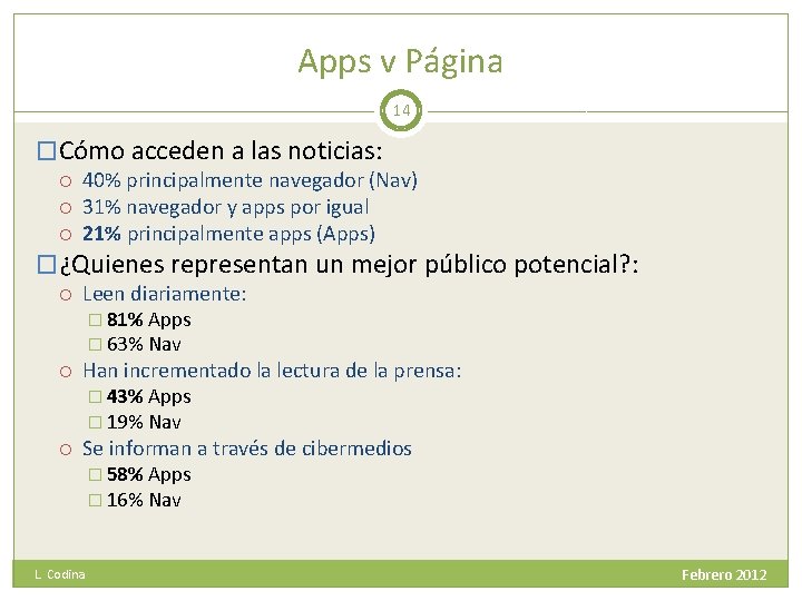Apps v Página 14 �Cómo acceden a las noticias: 40% principalmente navegador (Nav) 31%