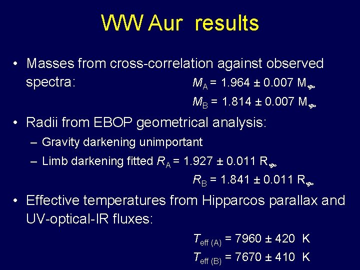 WW Aur results • Masses from cross-correlation against observed spectra: MA = 1. 964