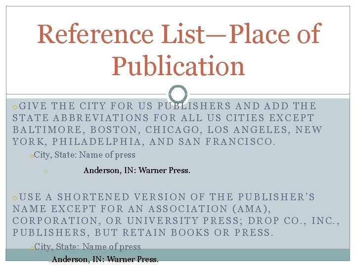Reference List—Place of Publication o. GIVE THE CITY FOR US PUBLISHERS AND ADD THE