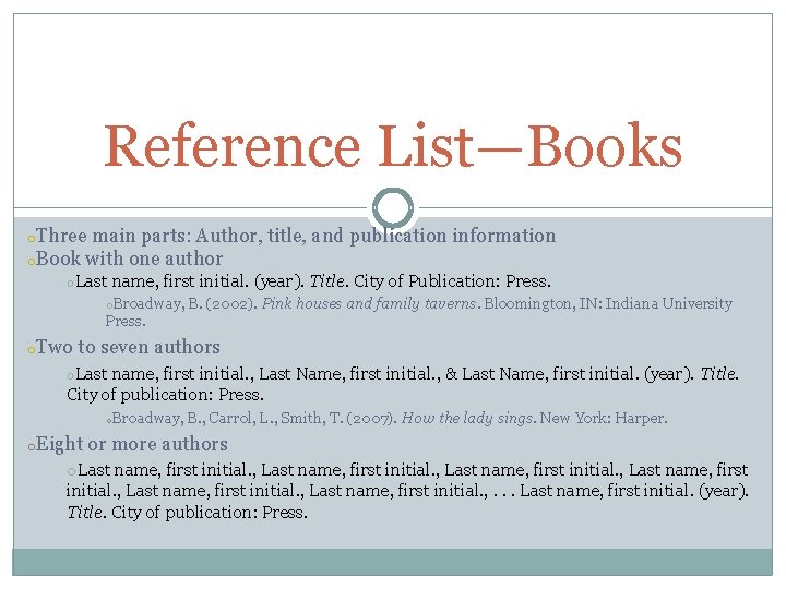 Reference List—Books o. Three main parts: Author, title, and publication information o. Book with