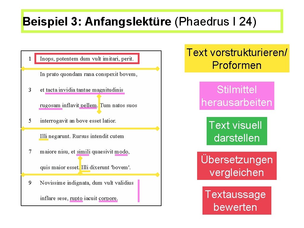 Beispiel 3: Anfangslektüre (Phaedrus I 24) 1 Inops, potentem dum vult imitari, perit. In