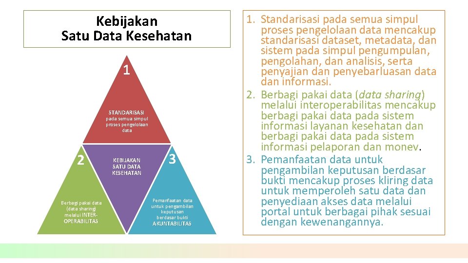 Kebijakan Satu Data Kesehatan 1 STANDARISASI pada semua simpul proses pengelolaan data 2 Berbagi