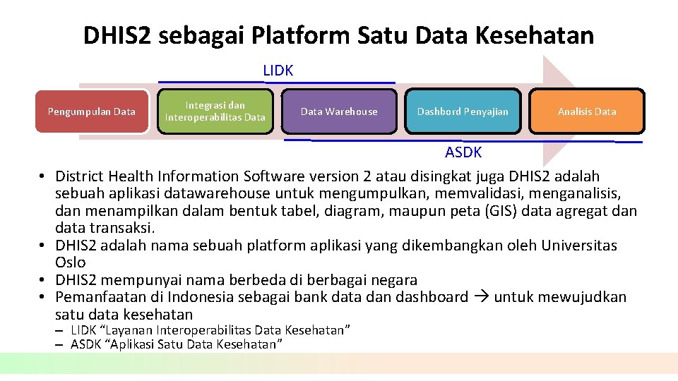 DHIS 2 sebagai Platform Satu Data Kesehatan LIDK Pengumpulan Data • • Integrasi dan