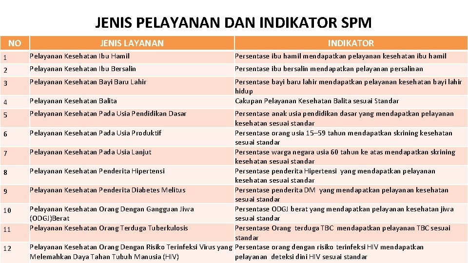 JENIS PELAYANAN DAN INDIKATOR SPM NO JENIS LAYANAN INDIKATOR 1 Pelayanan Kesehatan Ibu Hamil