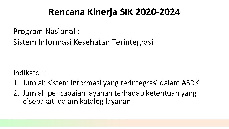 Rencana Kinerja SIK 2020 -2024 Program Nasional : Sistem Informasi Kesehatan Terintegrasi Indikator: 1.