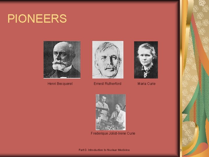 PIONEERS Henri Becquerel Ernest Rutherford Maria Curie Frederique Joliot-Irene Curie Part 0. Introduction to