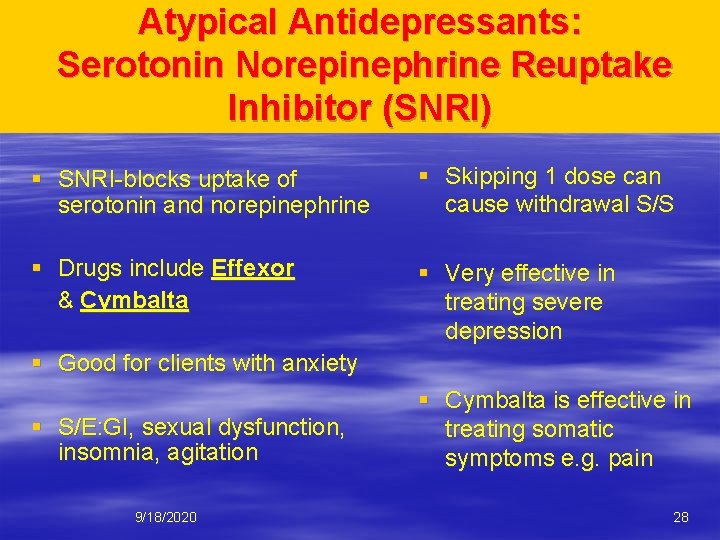 Atypical Antidepressants: Serotonin Norepinephrine Reuptake Inhibitor (SNRI) § SNRI-blocks uptake of serotonin and norepinephrine