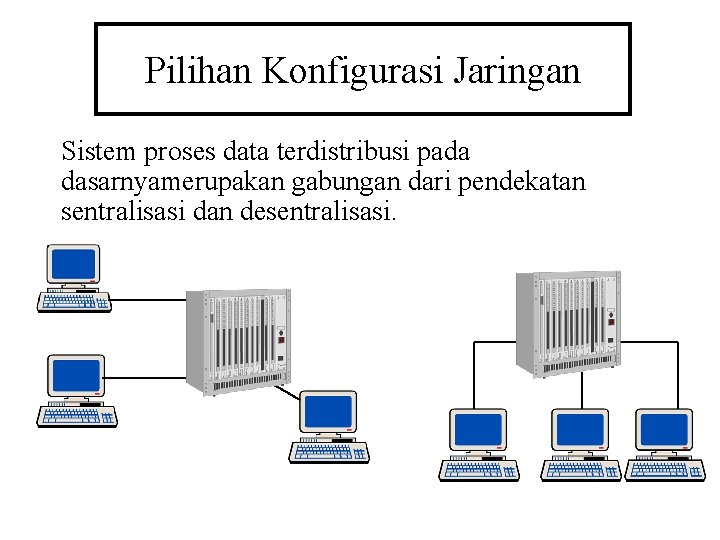 Pilihan Konfigurasi Jaringan Sistem proses data terdistribusi pada dasarnyamerupakan gabungan dari pendekatan sentralisasi dan