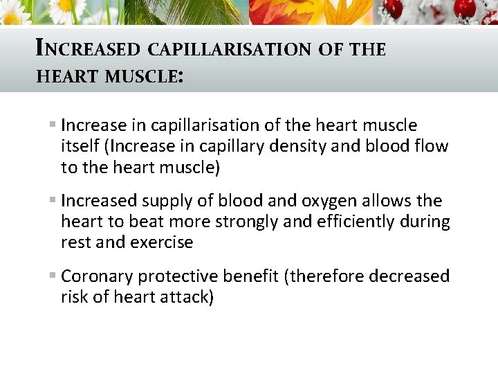 INCREASED CAPILLARISATION OF THE HEART MUSCLE: § Increase in capillarisation of the heart muscle