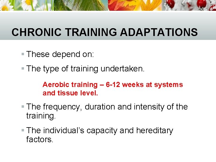 CHRONIC TRAINING ADAPTATIONS § These depend on: § The type of training undertaken. Aerobic