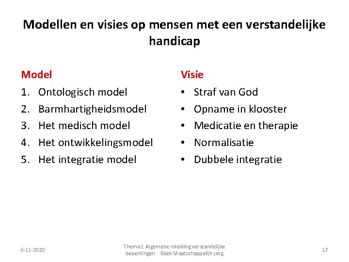 Modellen en visies op mensen met een verstandelijke handicap Model Visie 1. 2. 3.