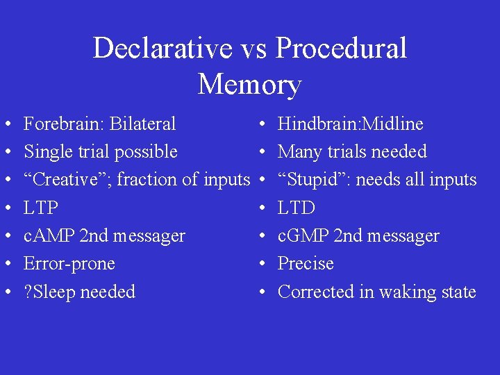Declarative vs Procedural Memory • • Forebrain: Bilateral Single trial possible “Creative”; fraction of
