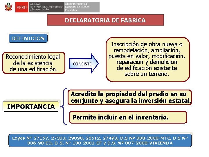 DECLARATORIA DE FABRICA DEFINICION Reconocimiento legal de la existencia de una edificación. IMPORTANCIA CONSISTE