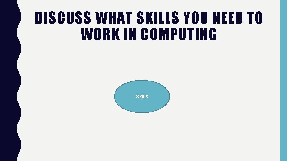 DISCUSS WHAT SKILLS YOU NEED TO WORK IN COMPUTING Skills DISCUSS WHAT SKILLS YOU NEED TO WORK IN COMPUTING Skills
