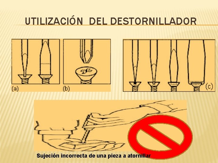 UTILIZACIÓN DEL DESTORNILLADOR Sujeción incorrecta de una pieza a atornillar 