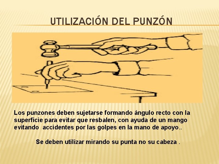 UTILIZACIÓN DEL PUNZÓN Los punzones deben sujetarse formando ángulo recto con la superficie para