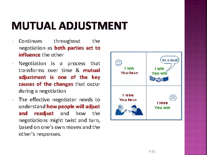MUTUAL ADJUSTMENT Continues throughout the negotiation as both parties act to influence the other