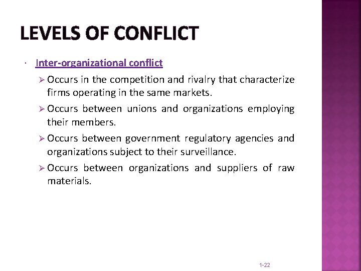 LEVELS OF CONFLICT Inter-organizational conflict Ø Occurs in the competition and rivalry that characterize