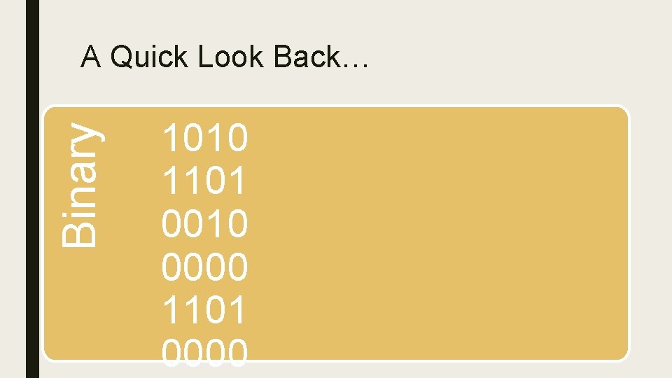 Binary A Quick Look Back… 1010 1101 0010 0000 1101 0000 