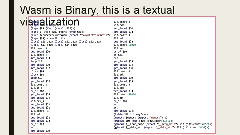 Wasm is Binary, this is a textual visualization (module (type $t 0 (func)) (type