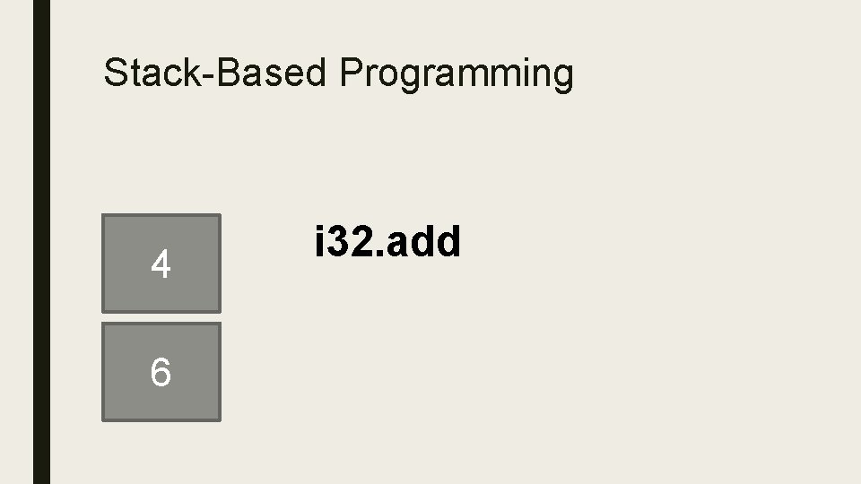 Stack-Based Programming 4 6 2 i 32. add 