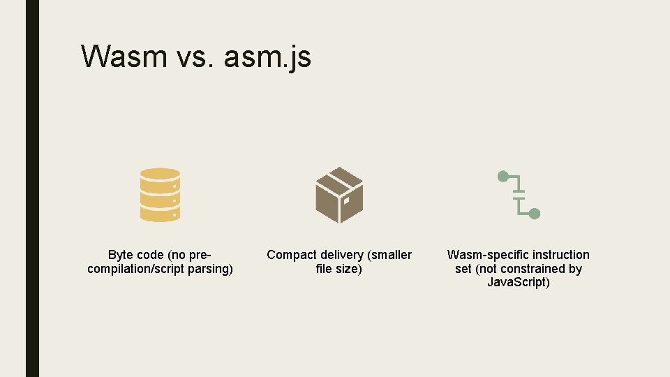 Wasm vs. asm. js Byte code (no precompilation/script parsing) Compact delivery (smaller file size)