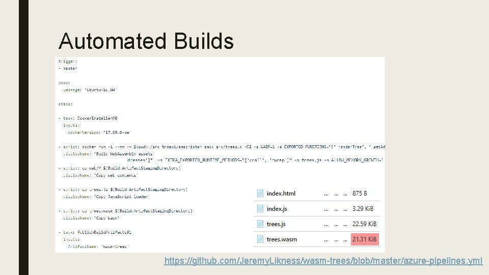 Automated Builds https: //github. com/Jeremy. Likness/wasm-trees/blob/master/azure-pipelines. yml 