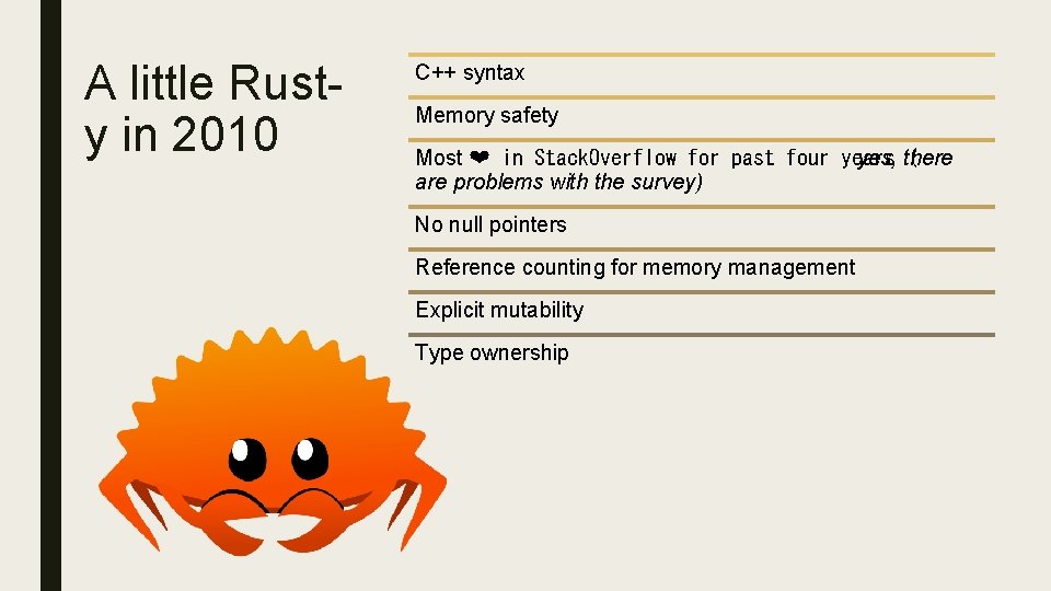 A little Rusty in 2010 C++ syntax Memory safety Most ❤ in Stack. Overflow