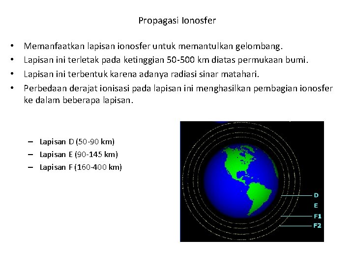 Propagasi Ionosfer • • Memanfaatkan lapisan ionosfer untuk memantulkan gelombang. Lapisan ini terletak pada