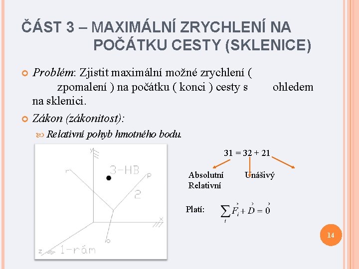 ČÁST 3 – MAXIMÁLNÍ ZRYCHLENÍ NA POČÁTKU CESTY (SKLENICE) Problém: Zjistit maximální možné zrychlení