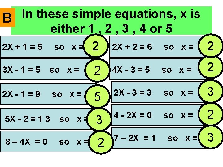 In these simple equations, x is B either 1 , 2 , 3 ,