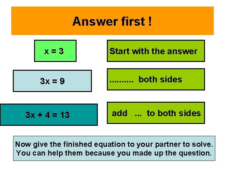 Answer first ! x=3 3 x = 9 3 x + 4 = 13