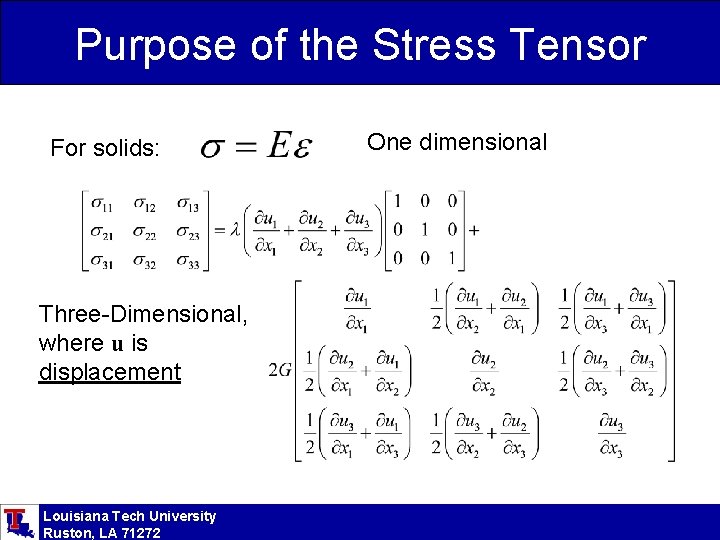 Purpose of the Stress Tensor For solids: Three-Dimensional, where u is displacement Louisiana Tech