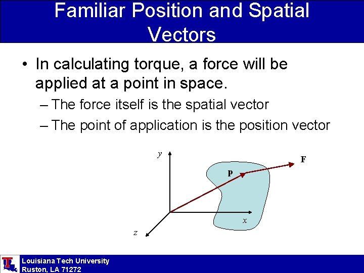 Familiar Position and Spatial Vectors • In calculating torque, a force will be applied