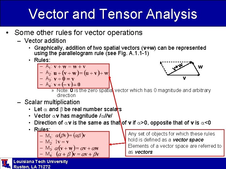 Vector and Tensor Analysis • Some other rules for vector operations – Vector addition